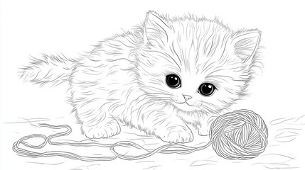 sketch of a kitten playing knitting ball