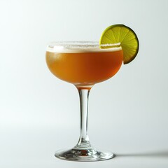 A chilled amber cocktail in a coupe glass, garnished with a lime wedge and a sugared rim
