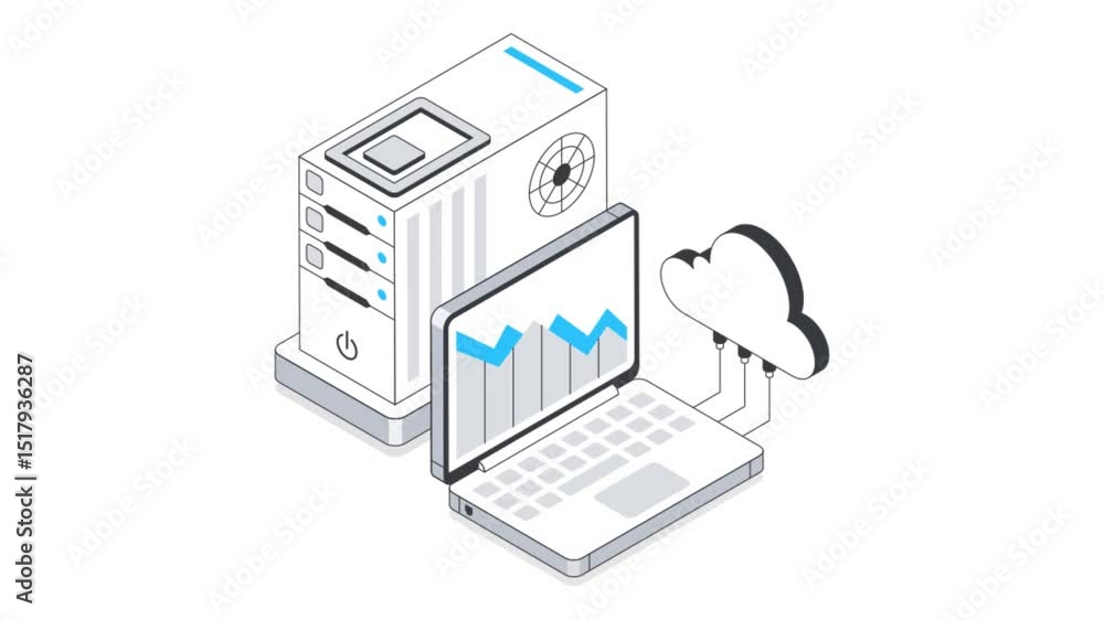 Poster cloud server hosting isometric animation.