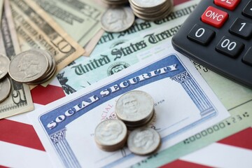 American US dollars money bills, social security number card and calculator on American flag