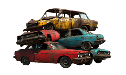 Rusty wreckage: Stack of vintage cars with weathered paint and dilapidated condition