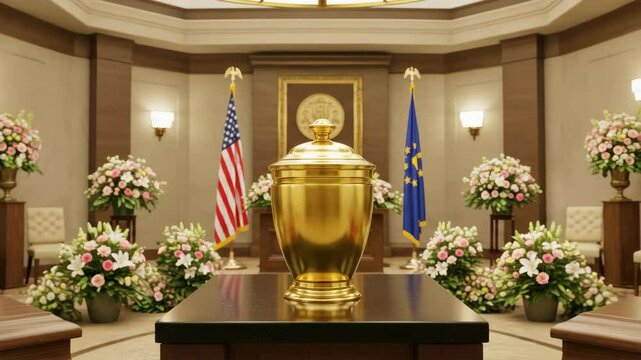 Gold urn on dark table in memorial room.  American and state flags flank urn surrounded by white flowers.  Peaceful memorial room setting ideal for funeral home brochures or remembrance materials.