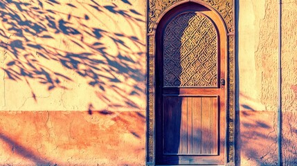 Ornate wooden door in a sunlit exterior wall with shadows.