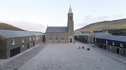 Exterior view of a stone church and buildings in a village square.