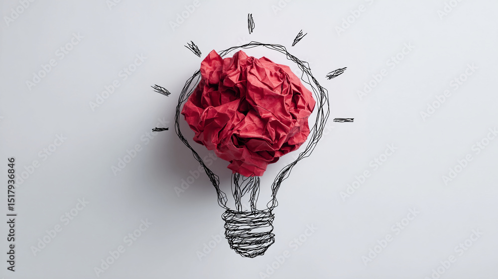 Poster red crumpled paper ball inside drawn lightbulb, symbolizing creative idea generation or problem-solv