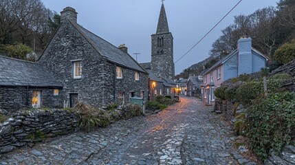 Cobblestone street in a quaint village at twilight.