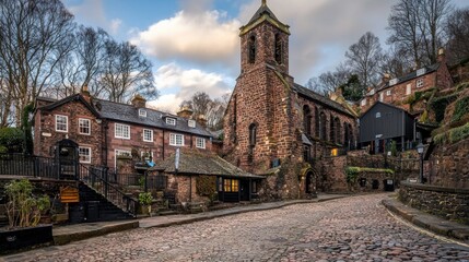 Cobblestone street leading to a historic stone church.