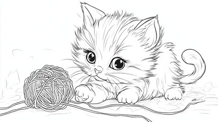 sketch of a kitten playing knitting ball