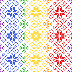Pixel art features colorful cross-stitch floral and diamond motifs in rows, bordered with rainbow stripes. Pixel art patterns for pride month, fabric, carpet, tile, clothing, embroidery, needlepoint
