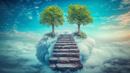 Floating stone stairway leading to a sky island with trees.