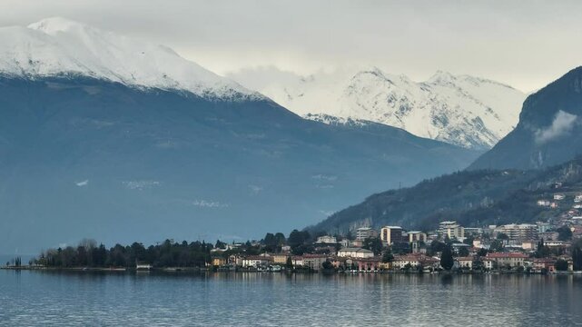 Winter mountain and lakeside town view