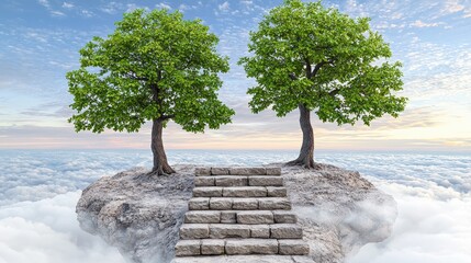 Two trees stand guard over a stone stairway to a cloud-kissed island.