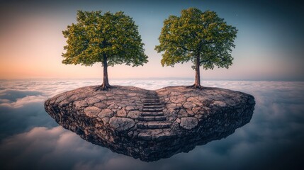 Two trees on a floating island above clouds.