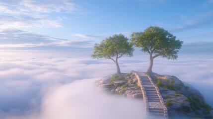 Peaceful island above the clouds with stone steps.