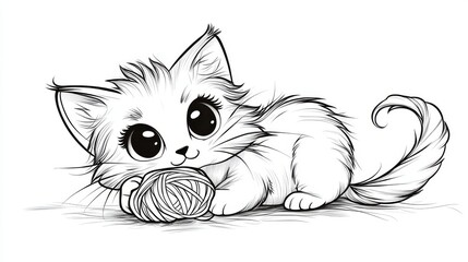 sketch of a kitten playing knitting ball