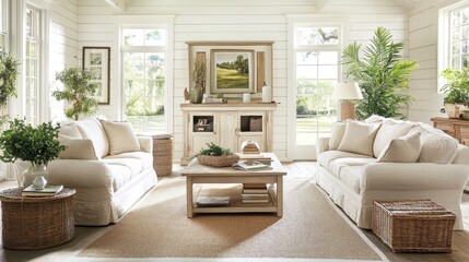 Bright living room with whitewashed walls, natural light, woven rug, and greenery combines charm and calm design