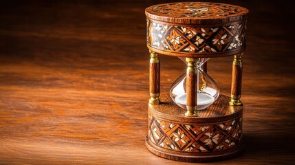 Ornate wooden hourglass resting on a dark wood surface.