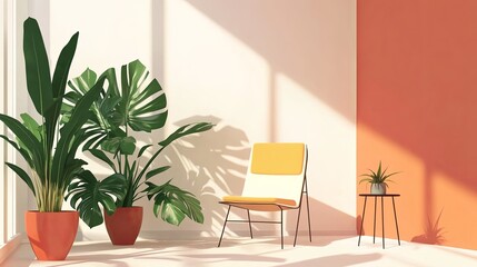 minimalist corner with potted plants and a lounge chair.