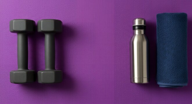Fitness Essentials Flat Lay - Dumbbells, Water Bottle, and Towel on Exercise Mat - Powered by Adobe
