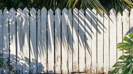 Palm leaf shadows playing across weathered white garden wall.