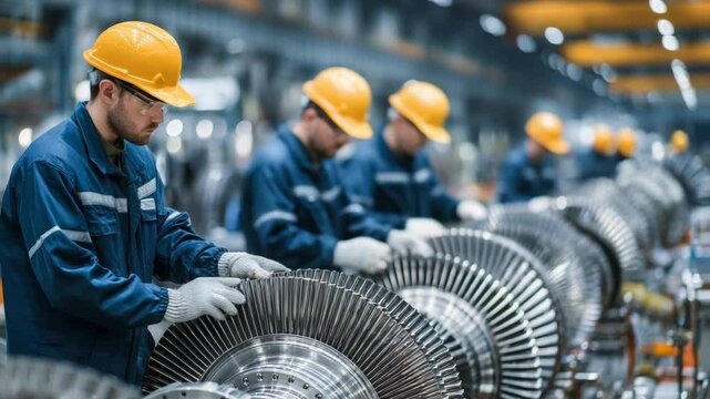 Engineers wearing safety helmets systematically inspecting and assembling large turbine within modern industrial factory. Demonstrating precision and collaborative teamwork in advanced manufacturing