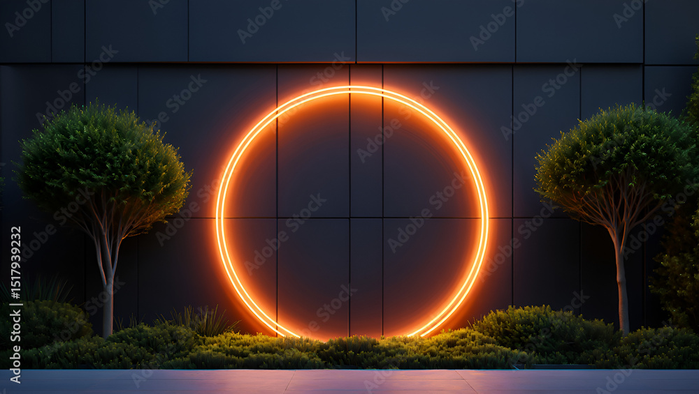Fototapete illuminated orange neon circle against a dark wall with greenery, creating a modern and abstract arc