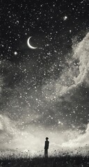 A solitary figure stands under a vast, starlit sky