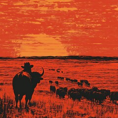 Naklejka premium Serene Western Vista: A cowboy leads a herd of bisons into the fiery sunset