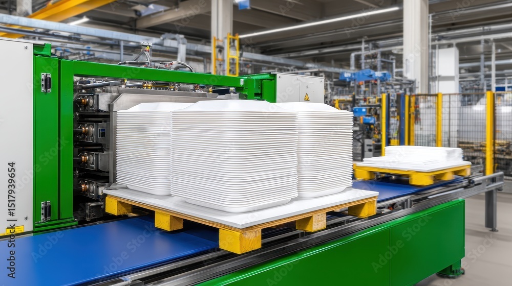 Poster automated production line in a factory, stacking paper sheets on pallets, machinery in background