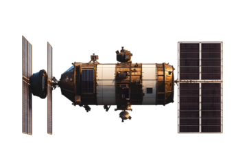 Detailed view of space station with solar panels on black backdrop
