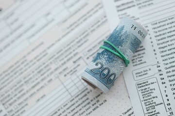 North Korean won money bills in big amount lies on table with tax forms close up