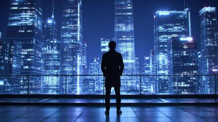 4K Cinematic Rooftop Shot of Man Watching Glowing Futuristic Cityscape at Night with Neon Lights - Powered by Adobe