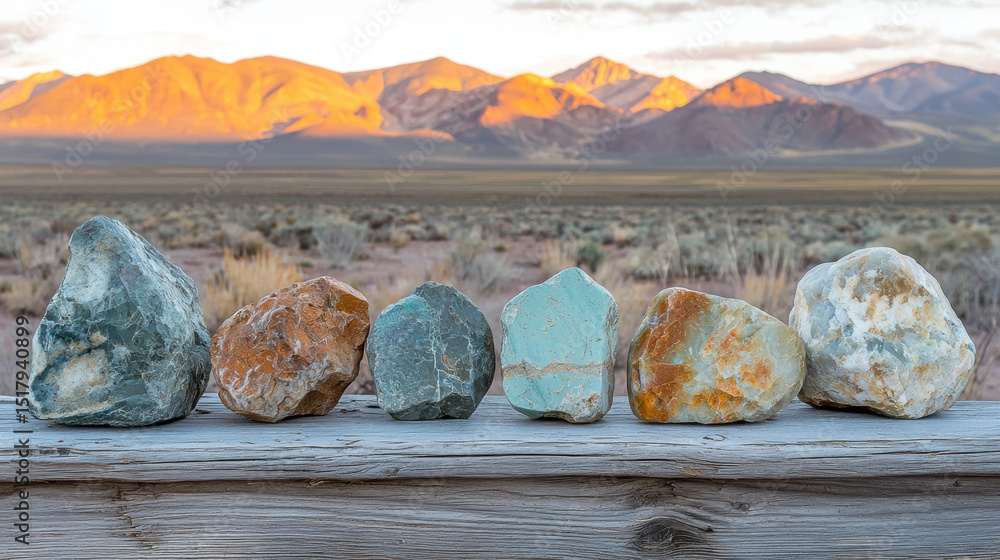 Poster collection of colorful rocks displayed on wooden surface with mountain range in background