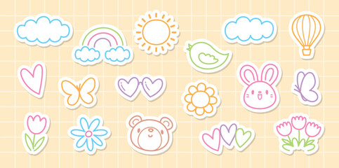 cute kawaii style hand drawn cartoon sticker graphic element vector set