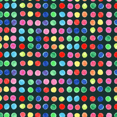 Seamless vector repeating pattern with colorful moles as large dots on black background.