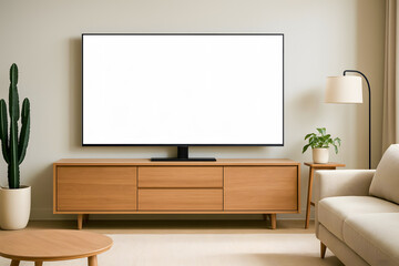 Cozy living room featuring a blank screen TV, wooden furniture, greenery, and soft lighting. Modern interior design showcasing simplicity with a blend of functionality and comfort.