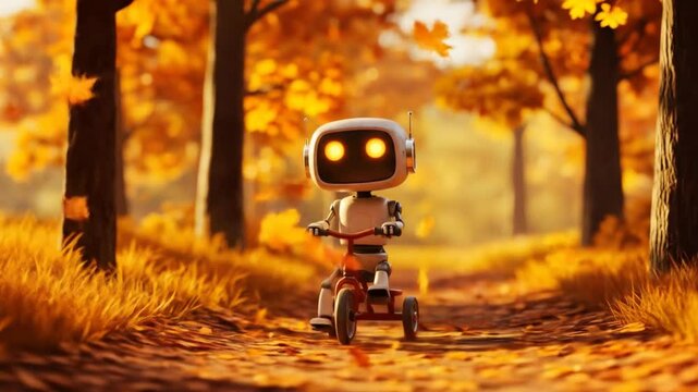 Robot riding tricycle autumn forest
