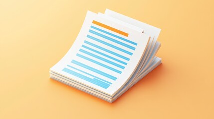 Isometric illustration of a stack of papers with light blue text and an orange header against a peach background