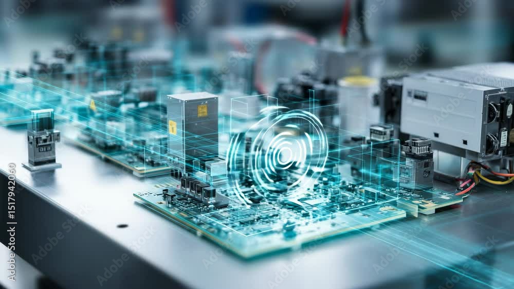 Poster electronic components on a circuit board are highlighted with holographic augmented reality, showcas