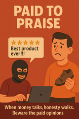 Illustration exposing fake reviews by paid buzzers, showing a masked man typing five-star lies while a disappointed buyer holds a broken product.