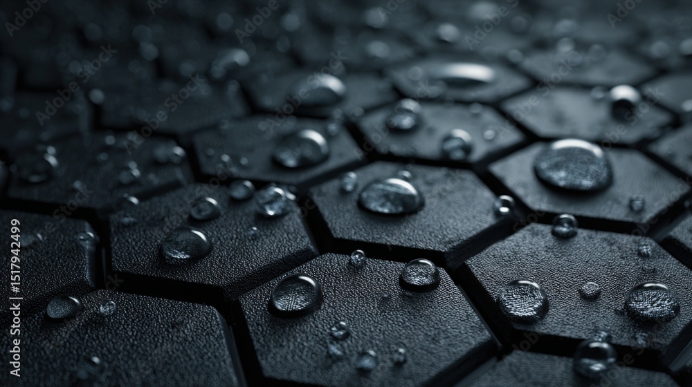 Poster water droplets on hexagonal dark surface closeup macro