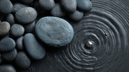 Smooth grey stones resting on dark water with ripples a serene spa scene Tranquil zen garden pebbles and water droplets