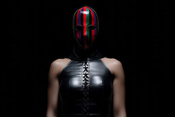 Masked figure in shadowy realm, leather-clad mystery, feminist cyberpunk symbolism, Halloween masquerade, avant-garde subculture exploration