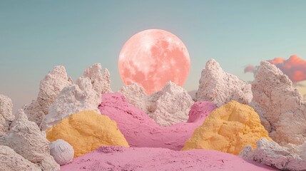 A surreal landscape with a pink moon, pink and yellow rocks, and a blue sky.