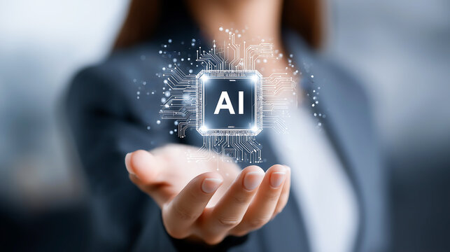 A businessperson holding an glowing AI chip with icons of technology and data floating above it, representing the integration of artificial intelligence in business innovation