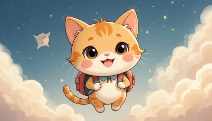 Adorable orange kitten soaring through clouds