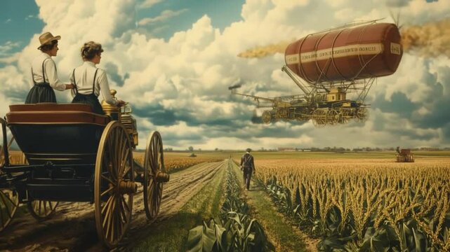 Nostalgic flight: A vintage era fantasy landscape with airships above the wheat field
