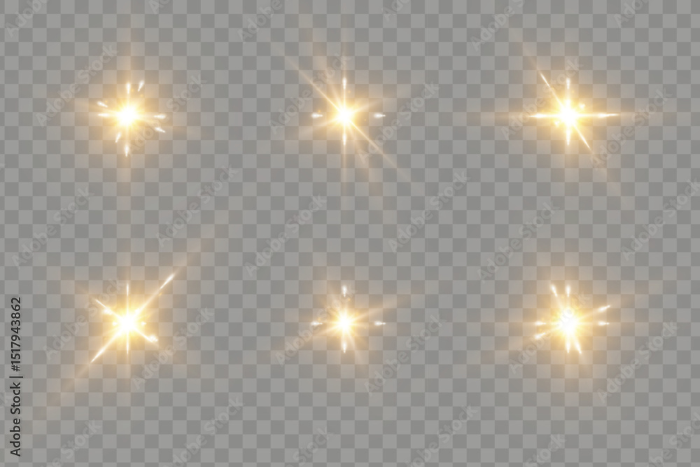 Poster Abstract golden light effect with glare and particle explosion effect on transparent background. Vector 10 EPS