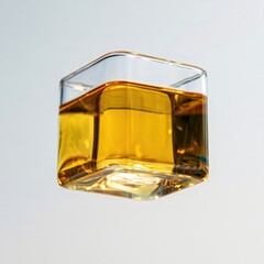 Golden Liquid in Square Glass Tumbler on White Background