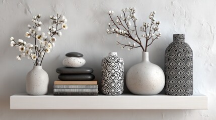 Minimalist shelf arrangement displays geometric balance of decor objects in monochrome tones on a white textured wall 